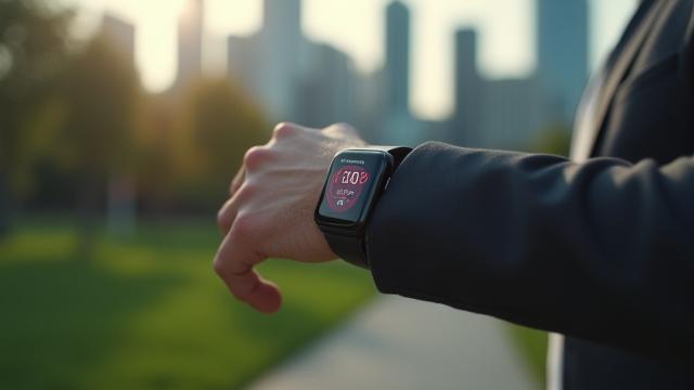 Adult wearing a sleek smartwatch, monitoring health data on a scenic outdoor run, blending tech and nature