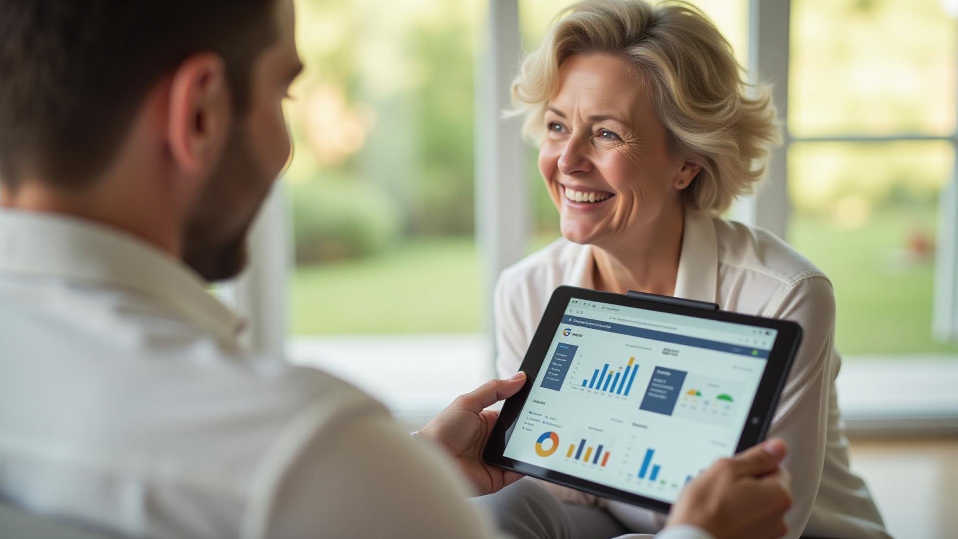 A person engaging with personalized wellness data on a tablet with abstract healthy lifestyle elements in the background.