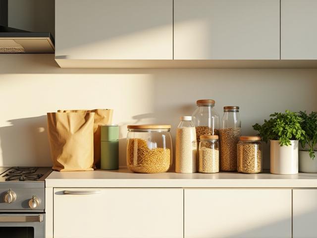 Modern kitchen featuring reusable produce bags, glass containers, and a compost bin